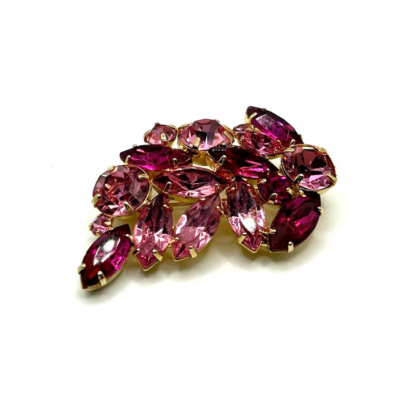 VTG Pink Rhinestone Pin Brooch Cluster Marquis Round Shaped Gold Tone Unsigned - Picture 2 of 7